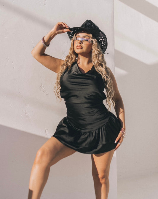 Black Satin Halter Dress